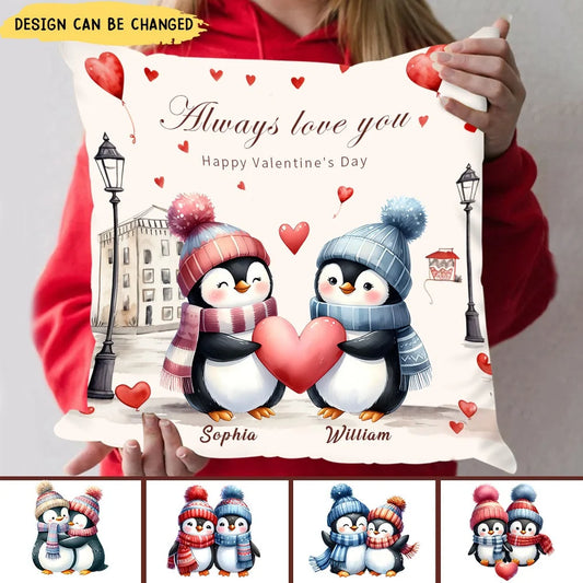 Always Love You Personalized Penguin Couple Pillow - Custom Valentine's Day Gift for Husband and Wife