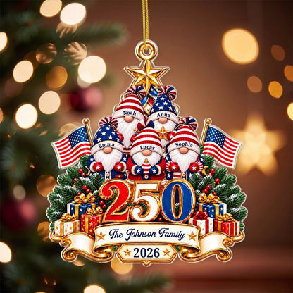 USA 250th Anniversary Gnome Family - Personalized Acrylic Ornament for Patriotic Christmas Decor