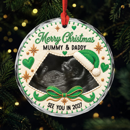 Merry Christmas Mummy and Daddy - Personalized Ultrasound Photo Glass Ornament Gift for Expecting Parents