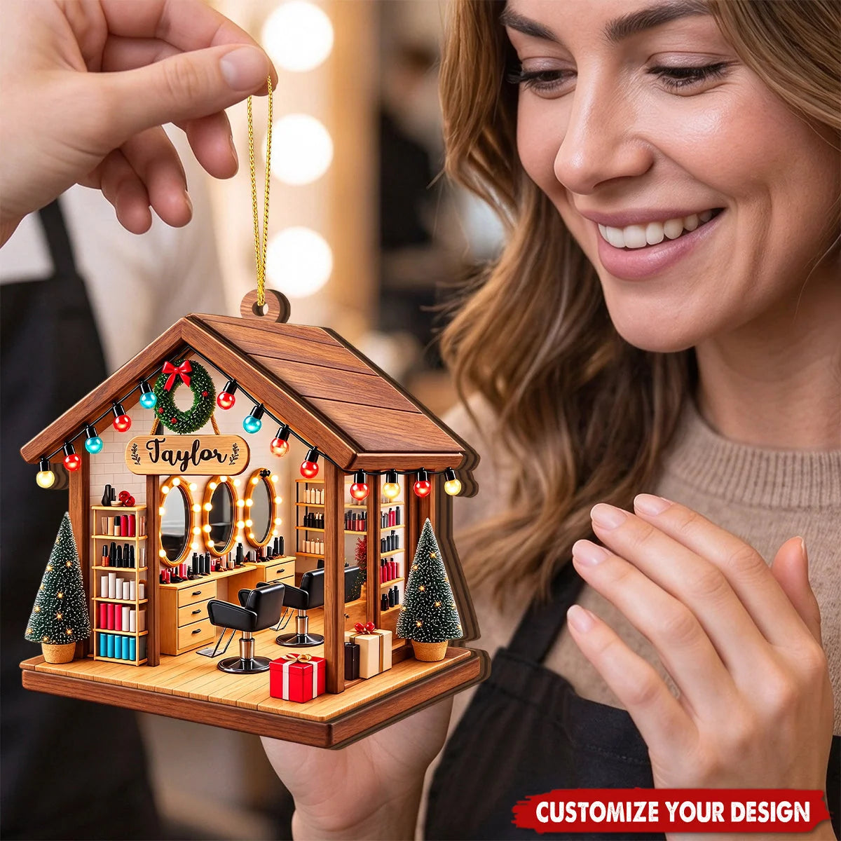 Hair Salon Mini Studio Personalized Wooden Ornament - Custom Stylist Christmas Tree Decor for Hairdresser