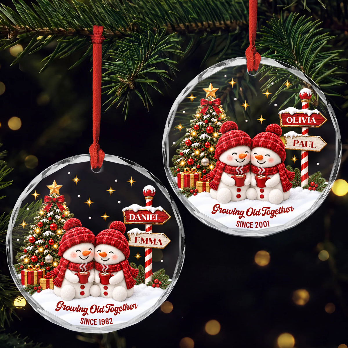 Growing Old Together Personalized Couple Glass Ornament - Snowman Christmas Keepsake