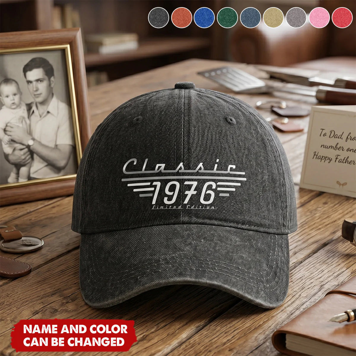 T-Shirt / Hoodie material and size view - Personalized Dad Cap