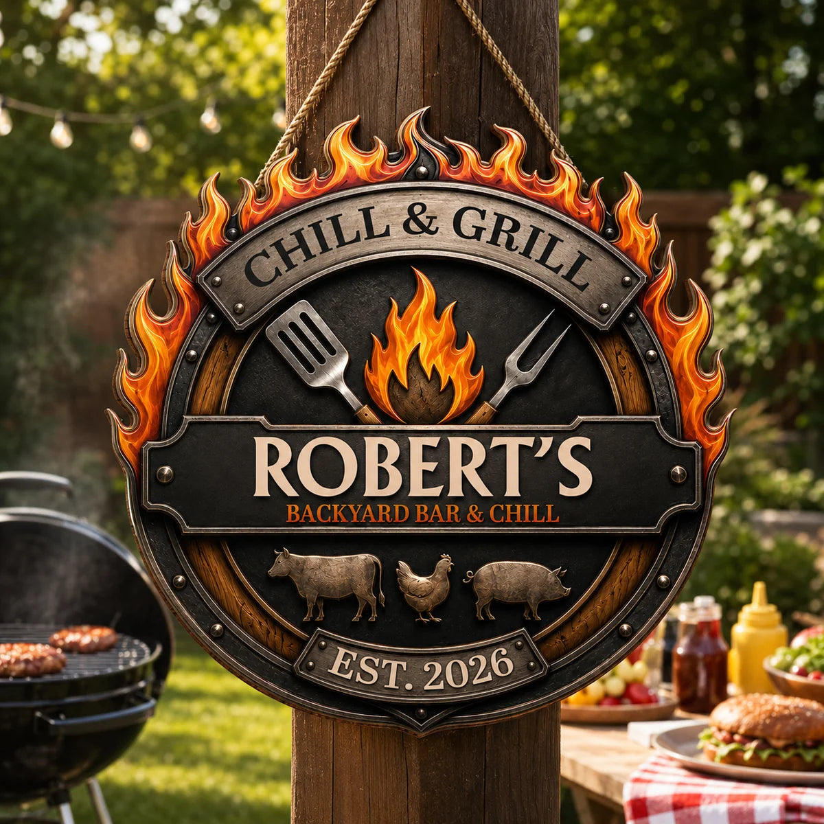 Chill & Grill Backyard Bar Personalized Wood Sign - Custom BBQ Grill Master Gift for Dad