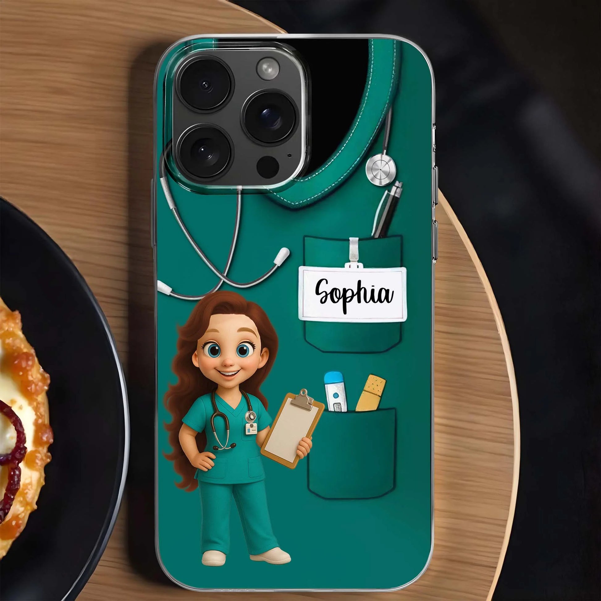 Personalized nurse phone case with custom medical uniform, stethoscope design, and custom name printed on clear background