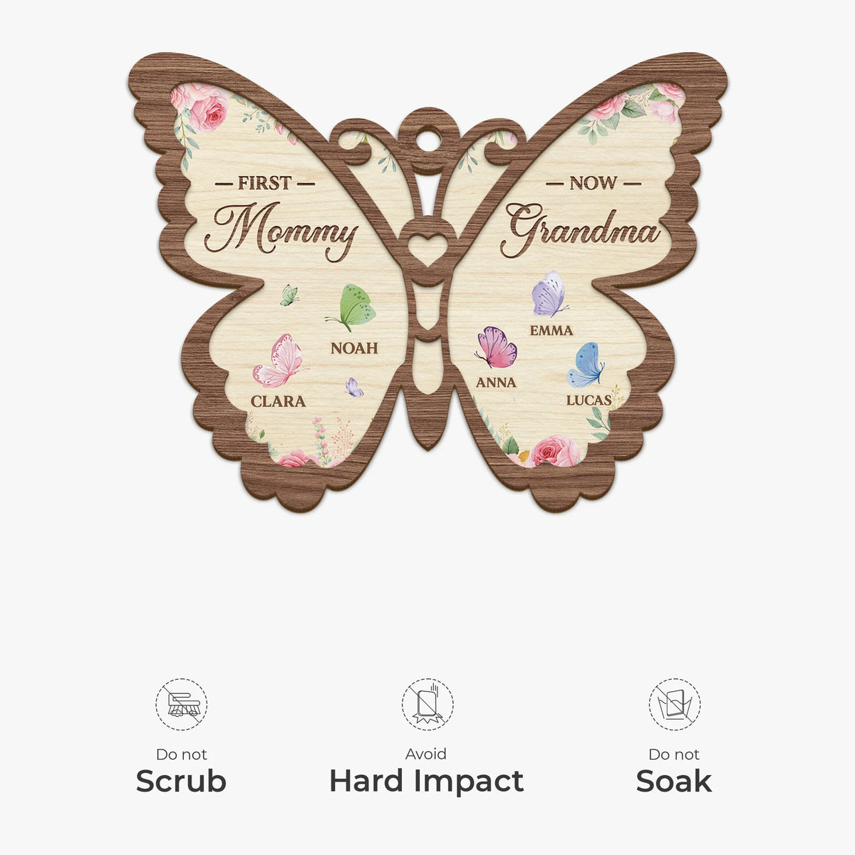 "First Mommy Now Grandma" Personalized Wooden Ornament - Custom Grandkids Butterfly Keepsake Gift