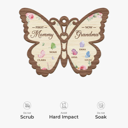 "First Mommy Now Grandma" Personalized Wooden Ornament - Custom Grandkids Butterfly Keepsake Gift