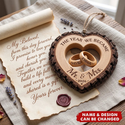 "The Year We Became Mr & Mrs" Personalized Wooden Ornament - Custom Wedding Anniversary Gift for Couples