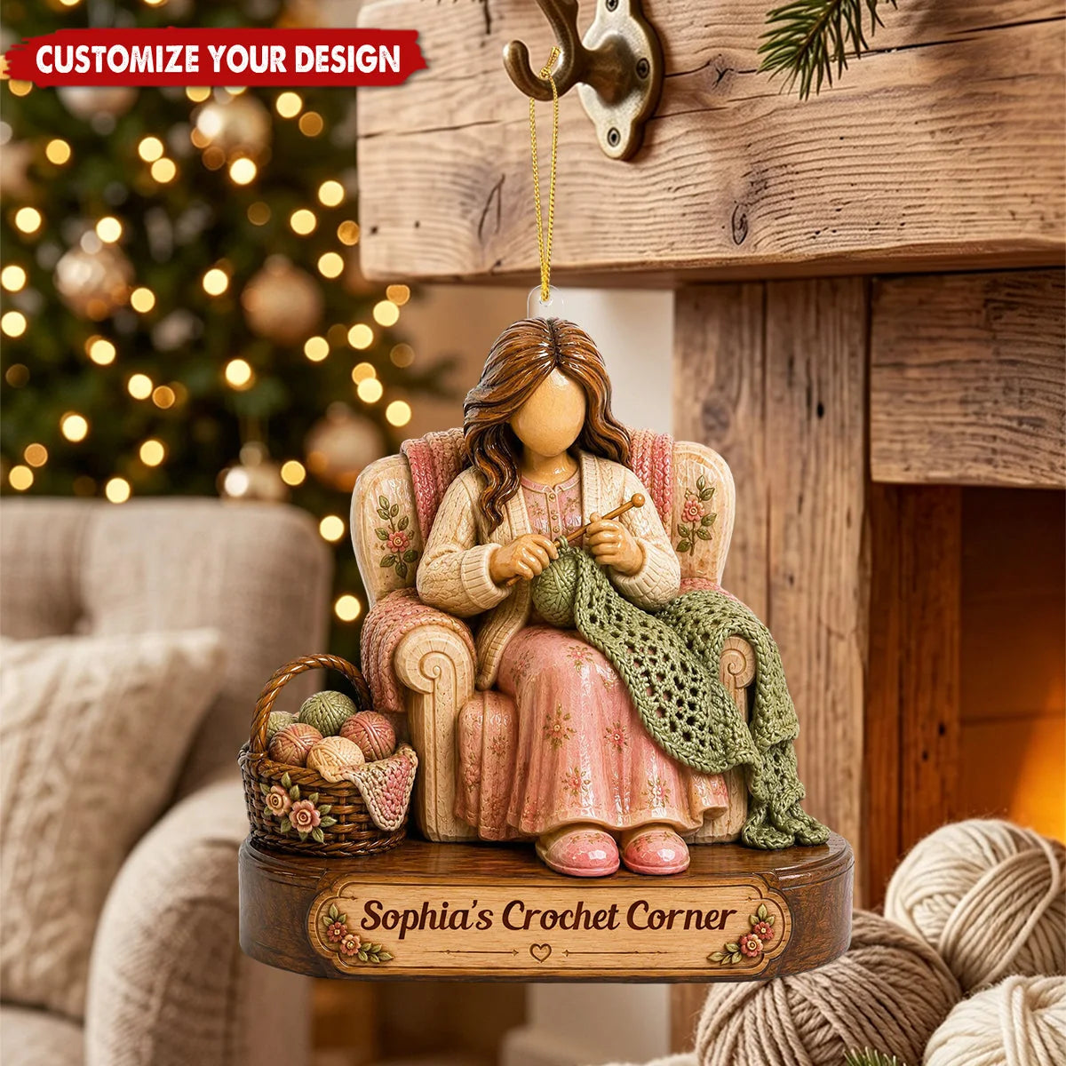 Custom Crochet Corner Wooden Ornament - Personalized Yarn Lover Christmas Gift