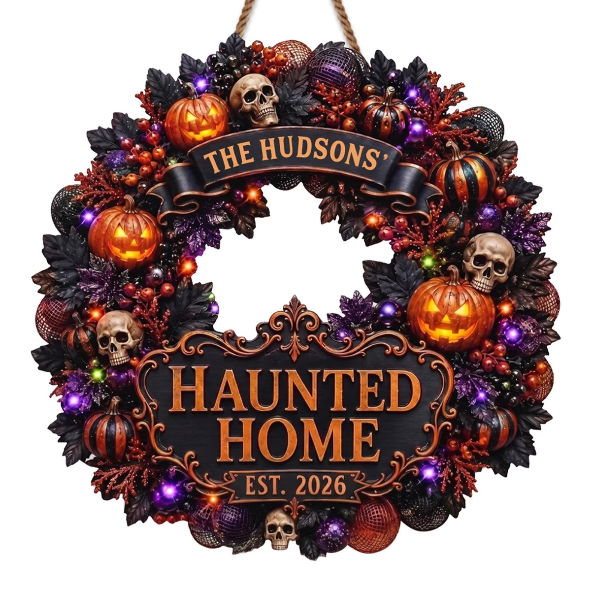 Haunted Home Personalized Halloween Wood Sign - Custom Wreath Decor for Family Front Porch