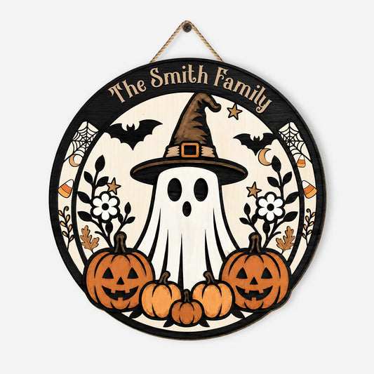 Personalized halloween wood sign featuring ghost family design and custom name for front door decor