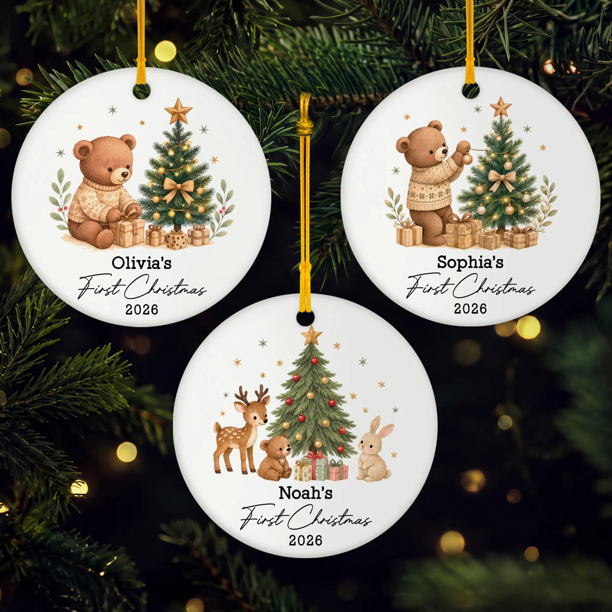 First Christmas Teddy Bear Personalized Ceramic Ornament - Baby Holiday Keepsake