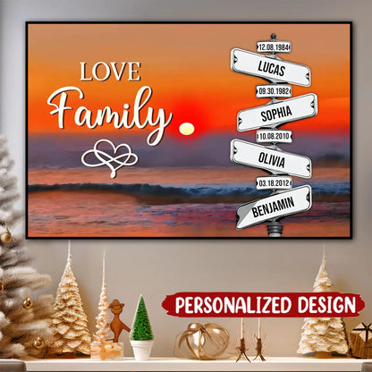 Custom family street sign canvas showing multiple names on intersecting signs with a beautiful sunset background.