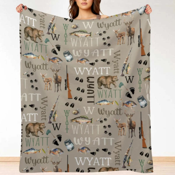Custom Hunting Baby Blanket - Outdoor Bear Deer Fishing Personalized Name Blanket