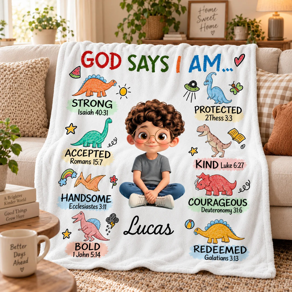 God Says I Am Personalized Blanket - Custom Christian Dinosaur Affirmation Blanket