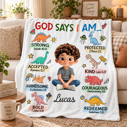 God Says I Am Personalized Blanket - Custom Christian Dinosaur Affirmation Blanket