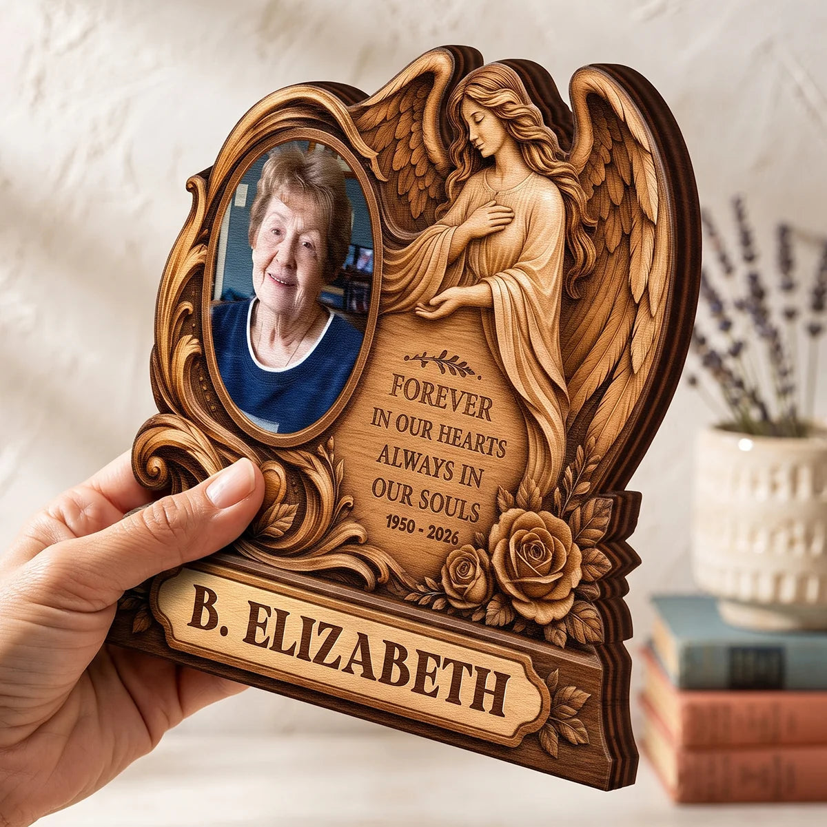 Forever In Our Hearts Personalized Memorial Wooden Block - Custom Angel Photo Gift for Family