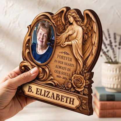 Forever In Our Hearts Personalized Memorial Wooden Block - Custom Angel Photo Gift for Family