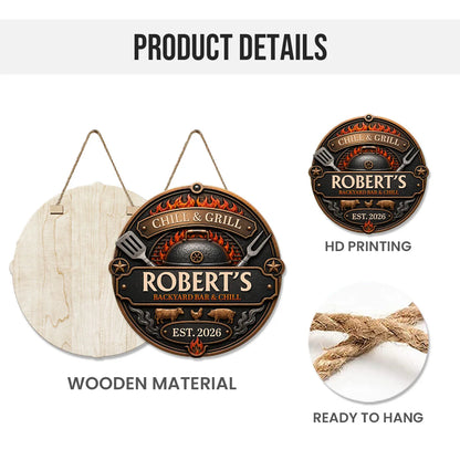Chill and Grill Personalized Wood Sign - Custom BBQ Door Decor for Dad & Husband