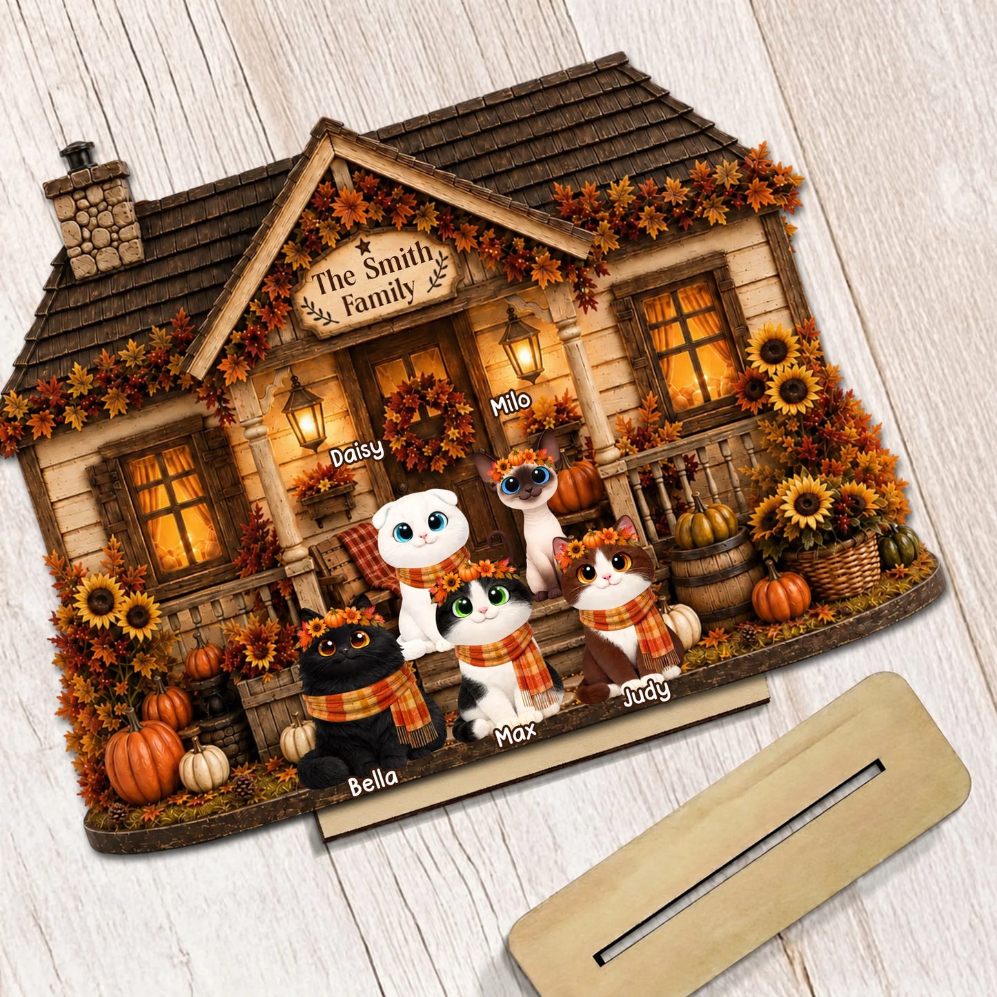 Personalized Fall Season Cat House Wooden Plaque - Custom Pumpkin Autumn Decor Gift