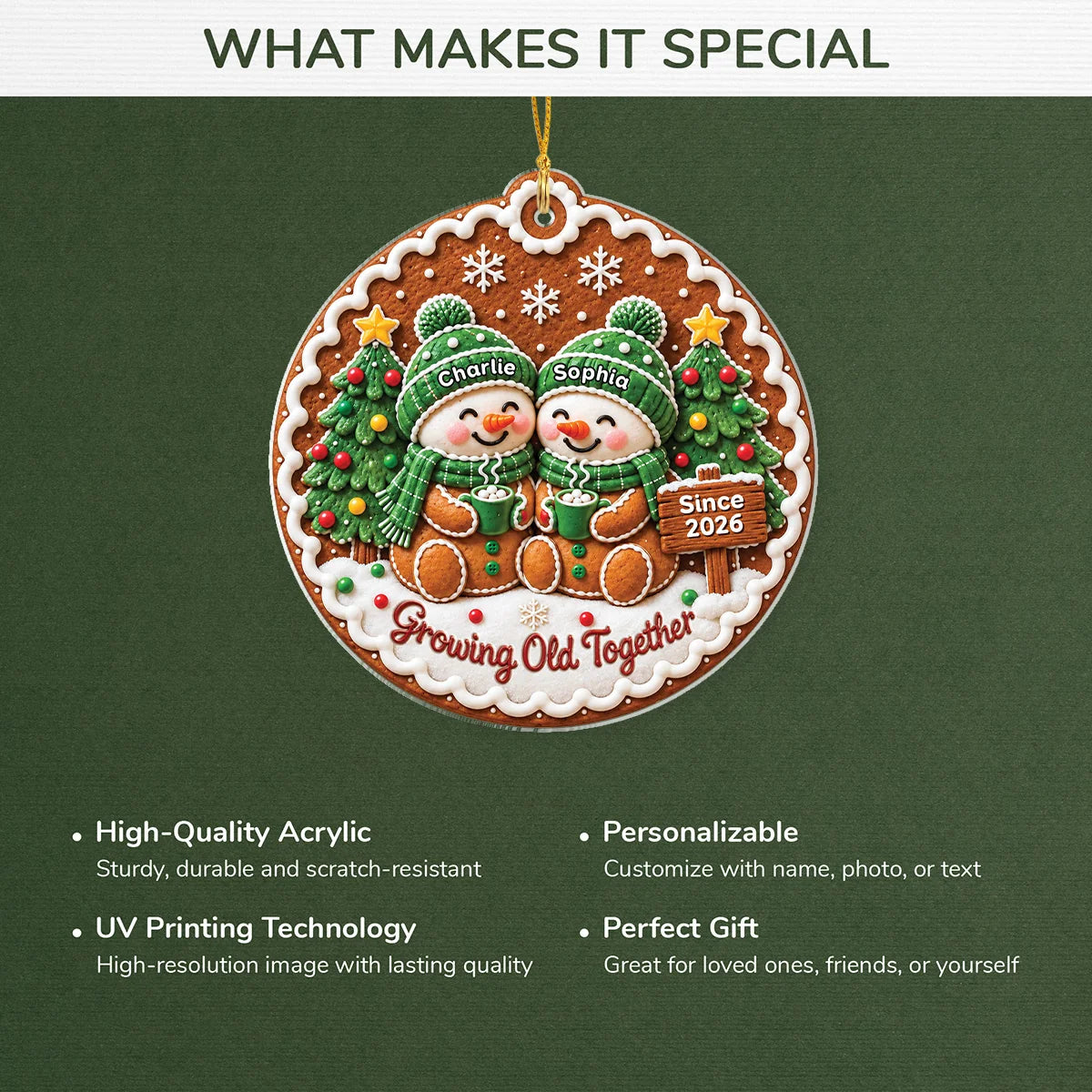 Growing Old Together Personalized Gingerbread Couple Acrylic Ornament - Custom Christmas Keepsake Gift
