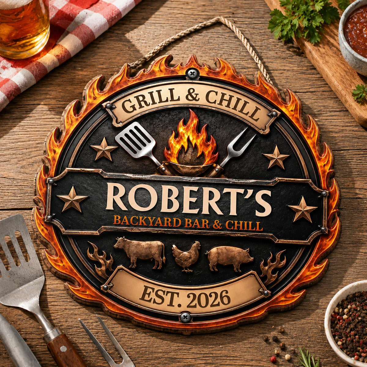 Grill & Chill Backyard Bar Personalized Wood Sign - Custom BBQ Decor Gift for Dad
