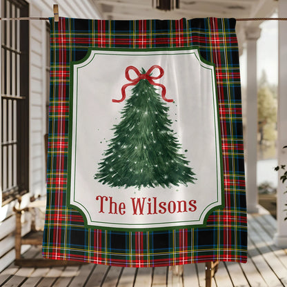 Festive Plaid Tree Personalized Christmas Family Blanket - Custom Cozy Holiday Living Room Decor