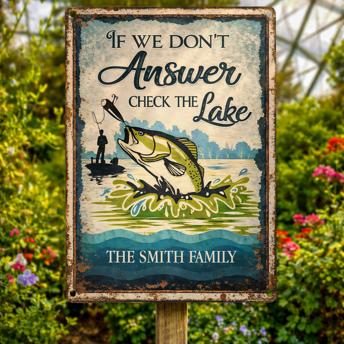 "If We Don't Answer Check The Lake" Personalized Metal Sign - Cabin Decor for Fisherman Dad