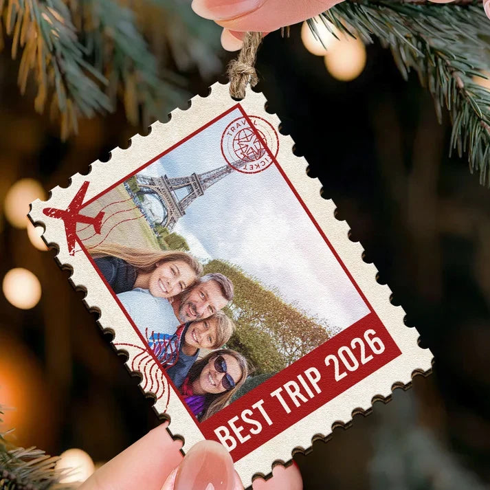 Vintage Postage Stamp Custom Photo Wood Ornament - Personalized Family Vacation Keepsake Gift for Christmas Tree
