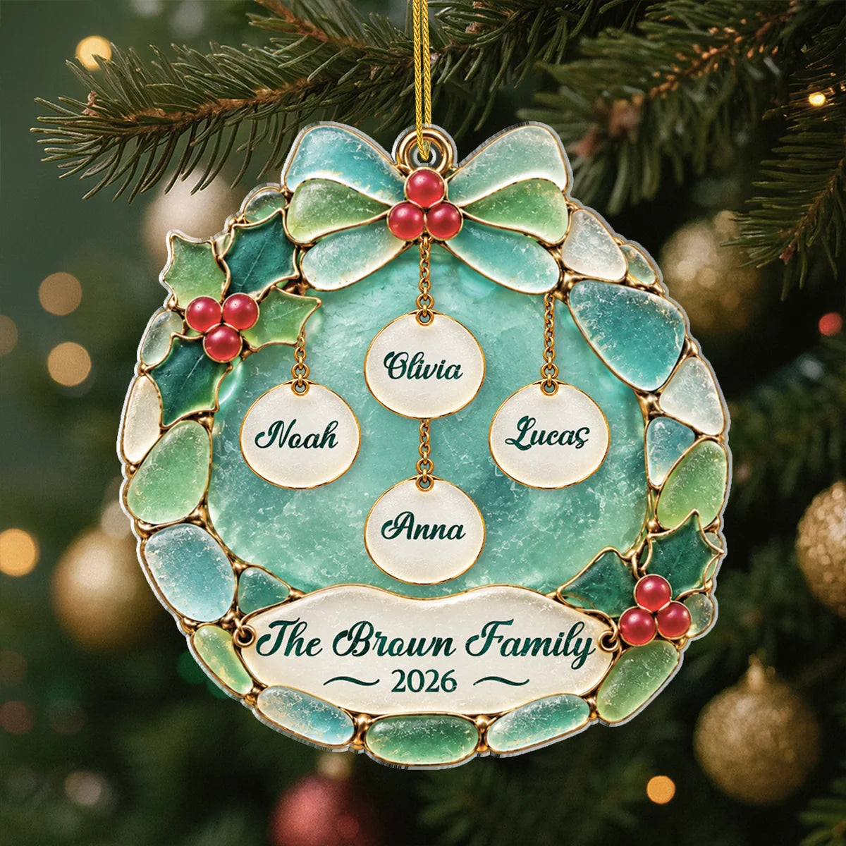 Personalized Christmas Holly Wreath Acrylic Ornament - Custom Family Name Holiday Gift