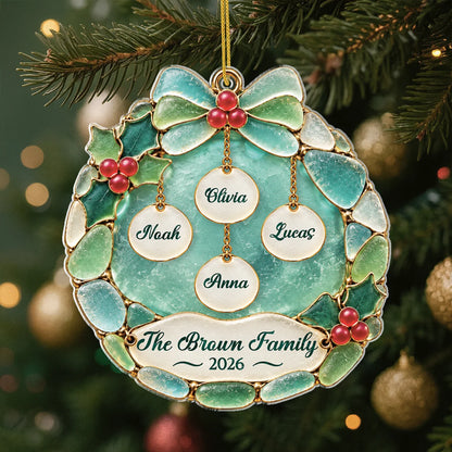 Personalized Christmas Holly Wreath Acrylic Ornament - Custom Family Name Holiday Gift