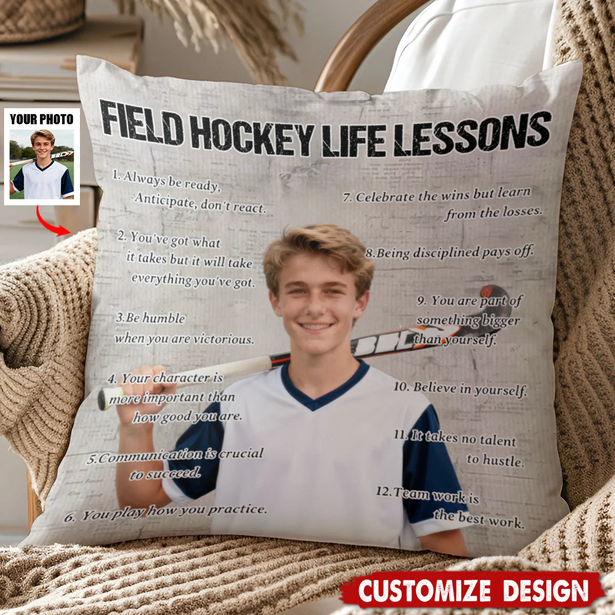 Custom field hockey life lessons photo pillow for players and sports lovers
