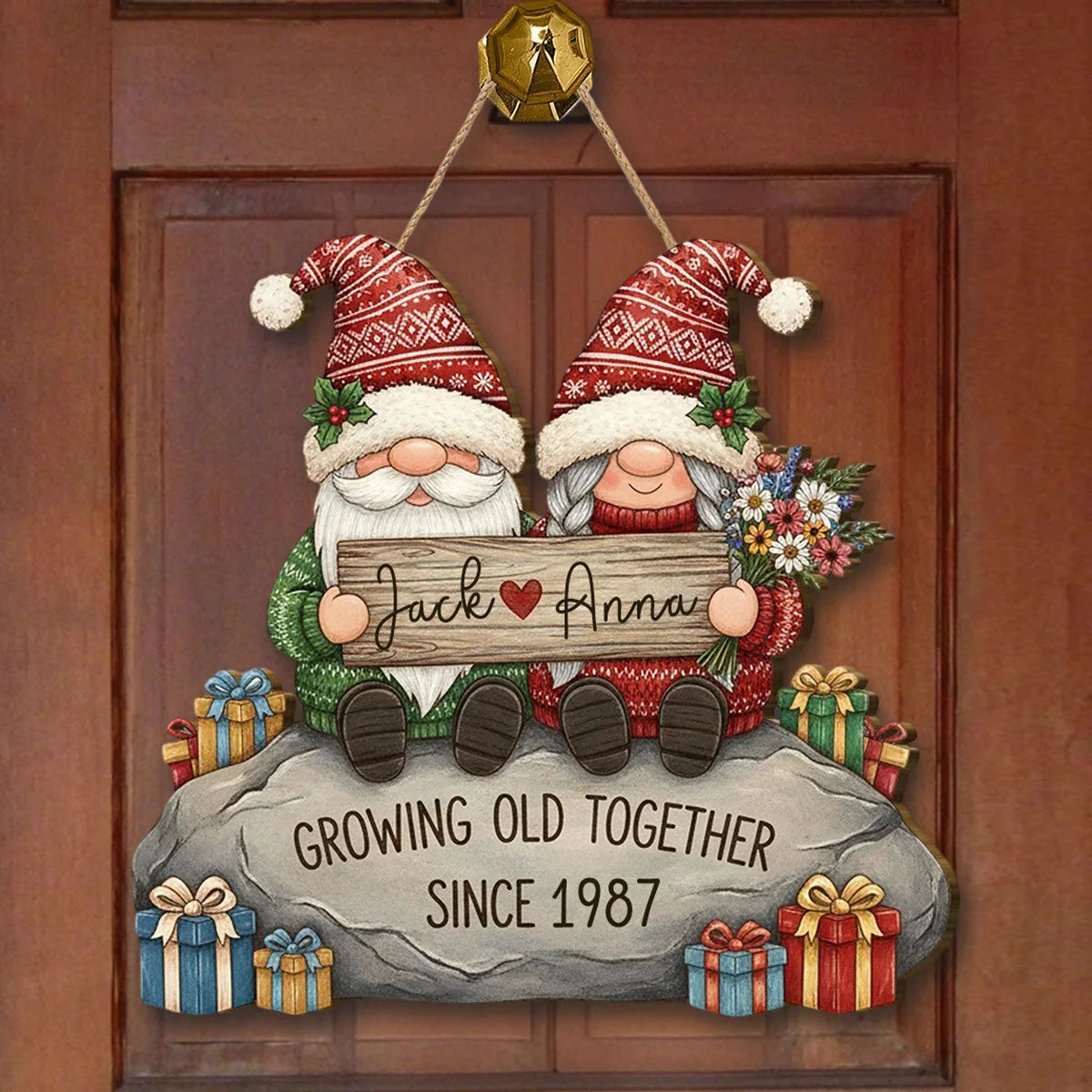 Growing Old Together Personalized Gnome Wood Sign - Custom Anniversary & Christmas Gift for Couples