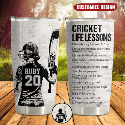 Cricket Life Lessons – Personalized Tumbler for Cricket Lovers, Custom Name Travel Cup
