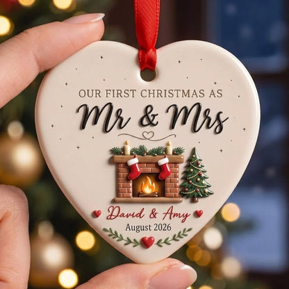 Our First Christmas as Mr & Mrs - Personalized Ceramic Ornament for Couples Wedding Gift