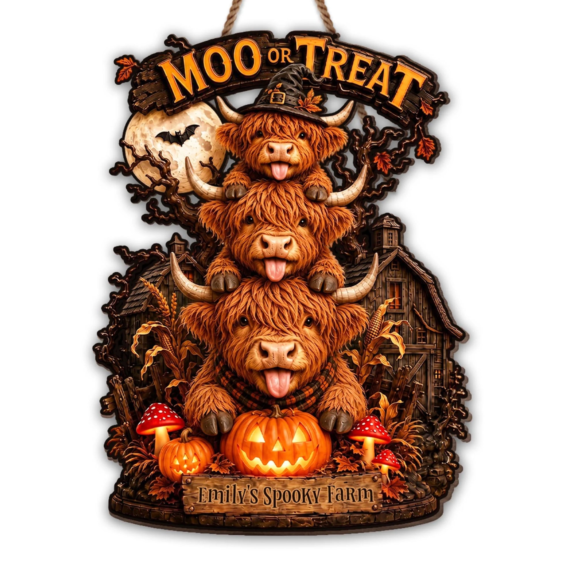 Moo Or Treat Personalized Highland Cow Wood Sign - Custom Halloween Farm Decor