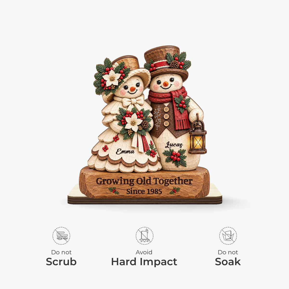 Growing Old Together Personalized Snowman Couple Wooden Plaque - Custom Rustic Christmas Keepsake Gift for Couples