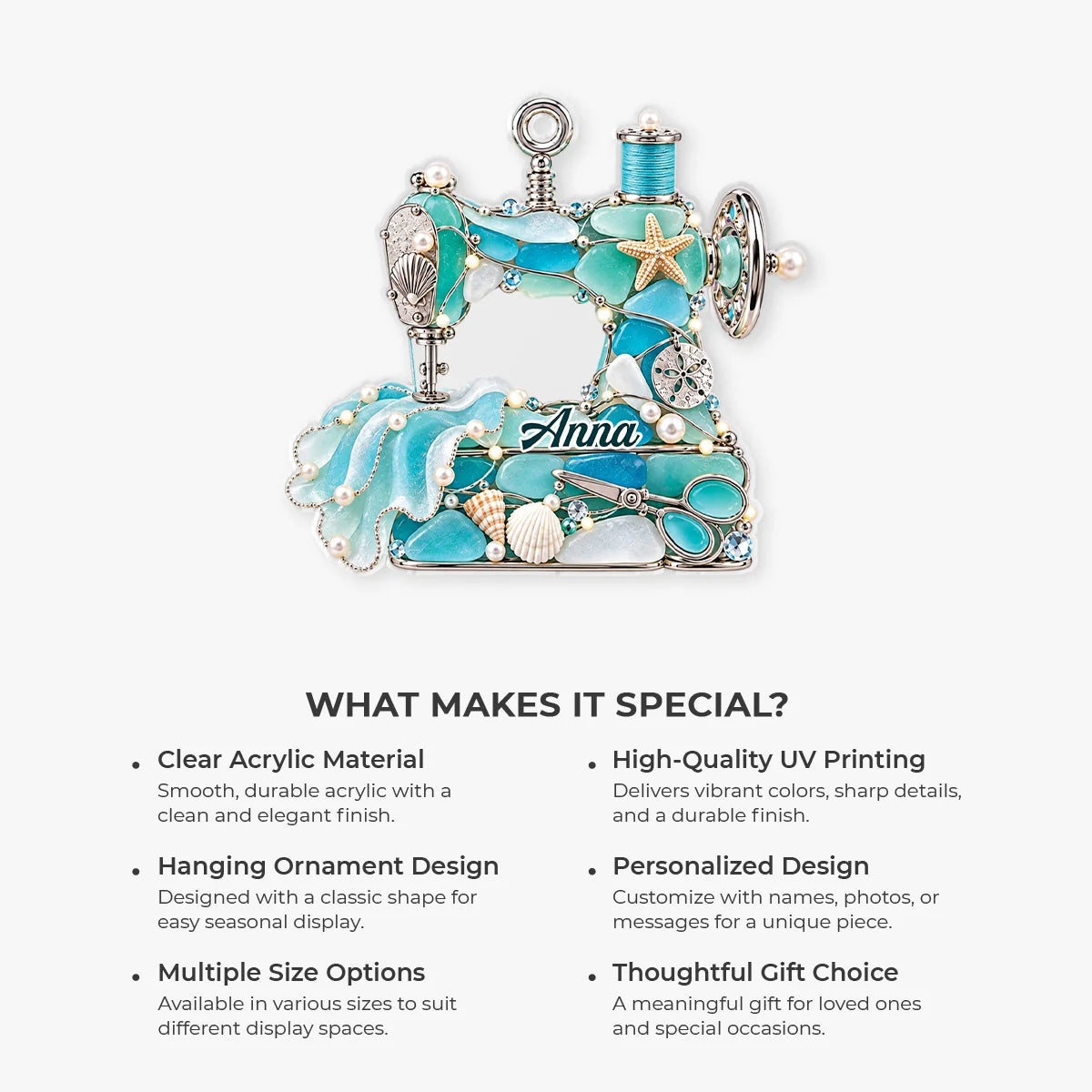 Sea Glass Sewing Machine Personalized Acrylic Ornament - Christmas Keepsake Gift for Quilters