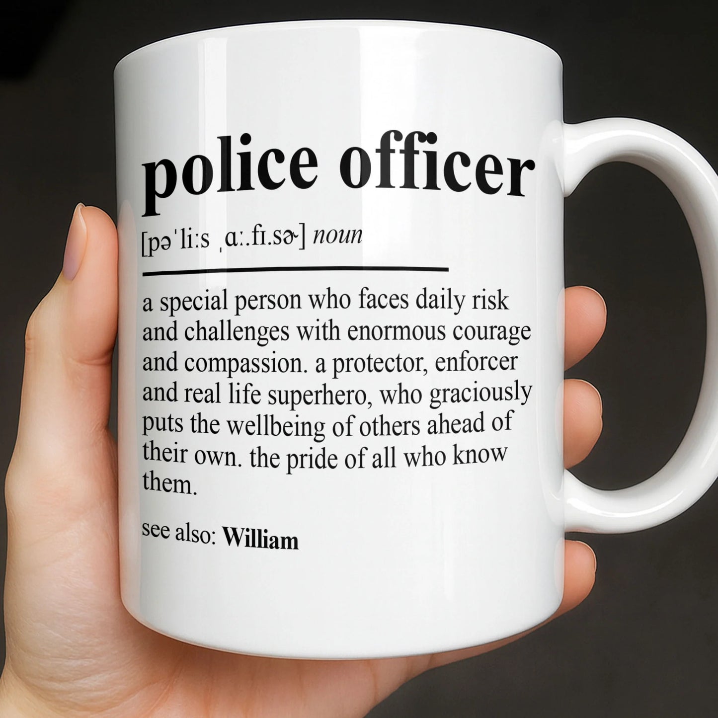 Personalized police officer definition mug with custom name print - unique gift for law enforcement