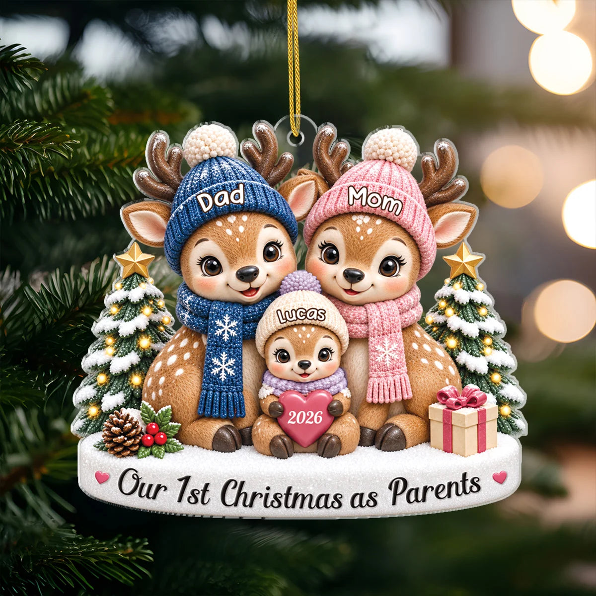 "Our First Christmas as Parents" Deer Family Acrylic Ornament - Custom Gift for New Mom & Dad