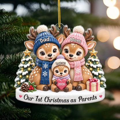 "Our First Christmas as Parents" Deer Family Acrylic Ornament - Custom Gift for New Mom & Dad