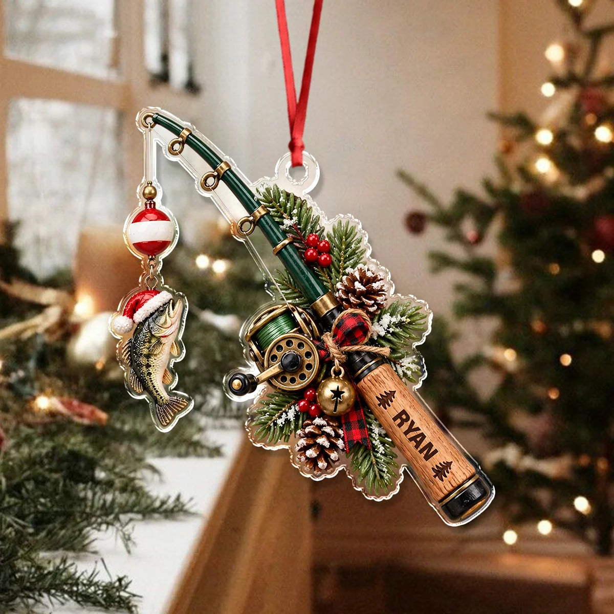 Custom Catch Personalized Fishing Rod Acrylic Ornament - Christmas Keepsake Gift for Fishers