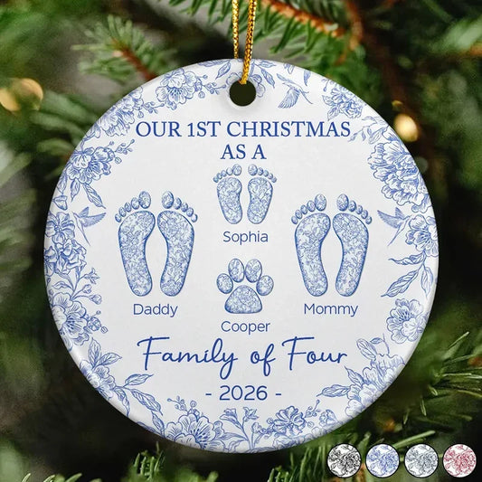 "Our First Christmas As A Family" Personalized Ceramic Ornament - Custom Baby Footprint Holiday Keepsake