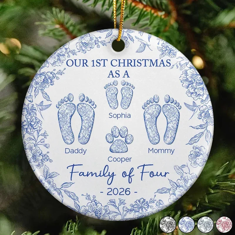 "Our First Christmas As A Family" Personalized Ceramic Ornament - Custom Baby Footprint Holiday Keepsake