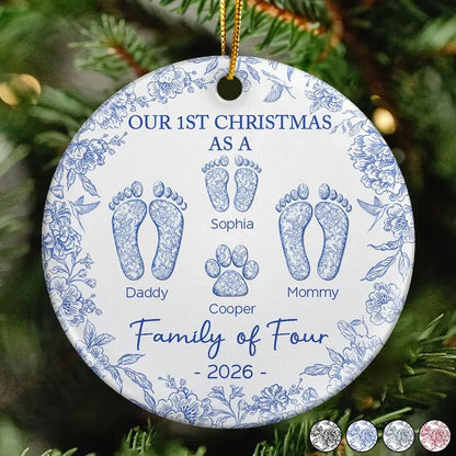 "Our First Christmas As A Family" Personalized Ceramic Ornament - Custom Baby Footprint Holiday Keepsake