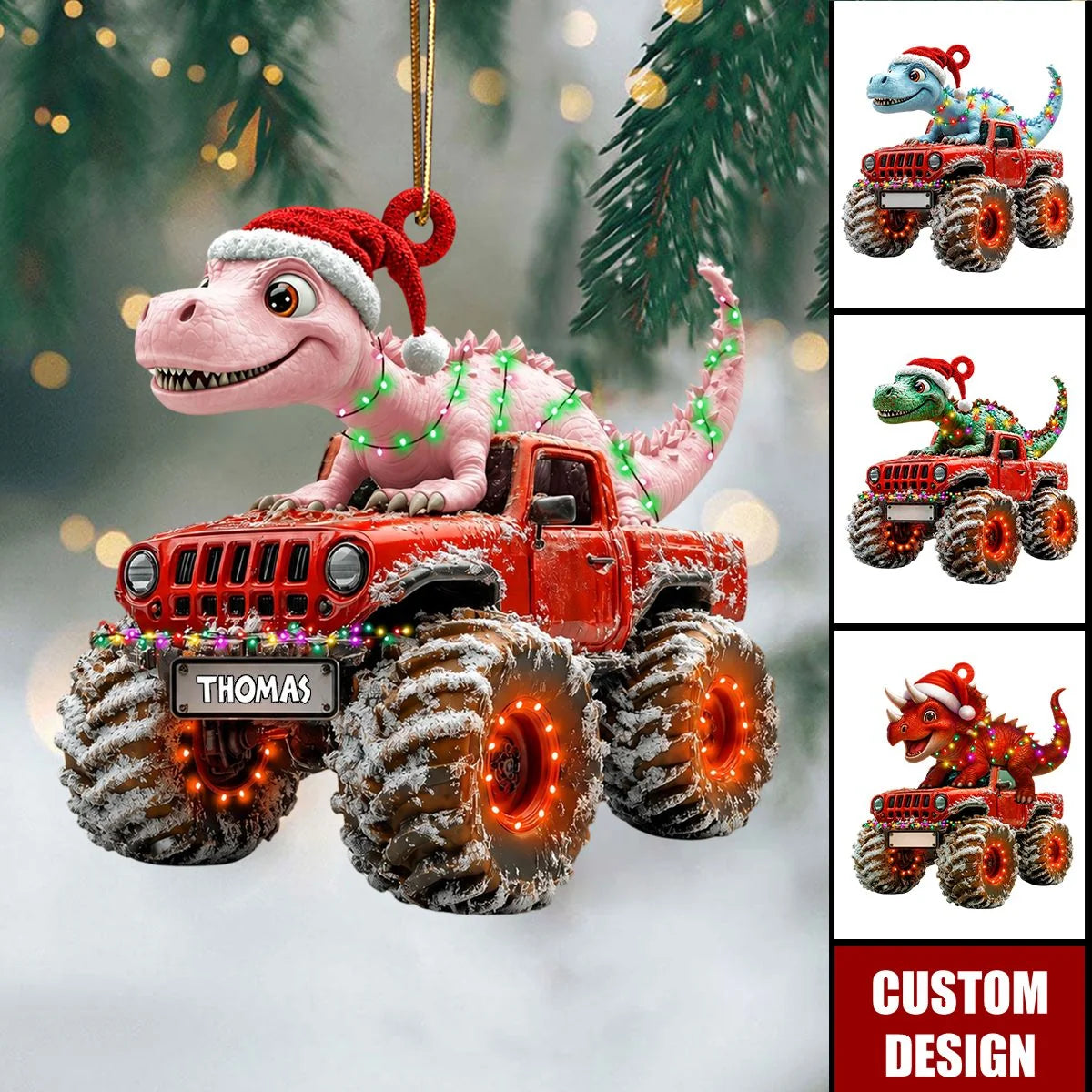 Personalized Dinosaur Monster Truck Wooden Christmas Ornament - Custom Name Keepsake Gift for Kids