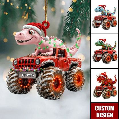 Personalized Dinosaur Monster Truck Wooden Christmas Ornament - Custom Name Keepsake Gift for Kids