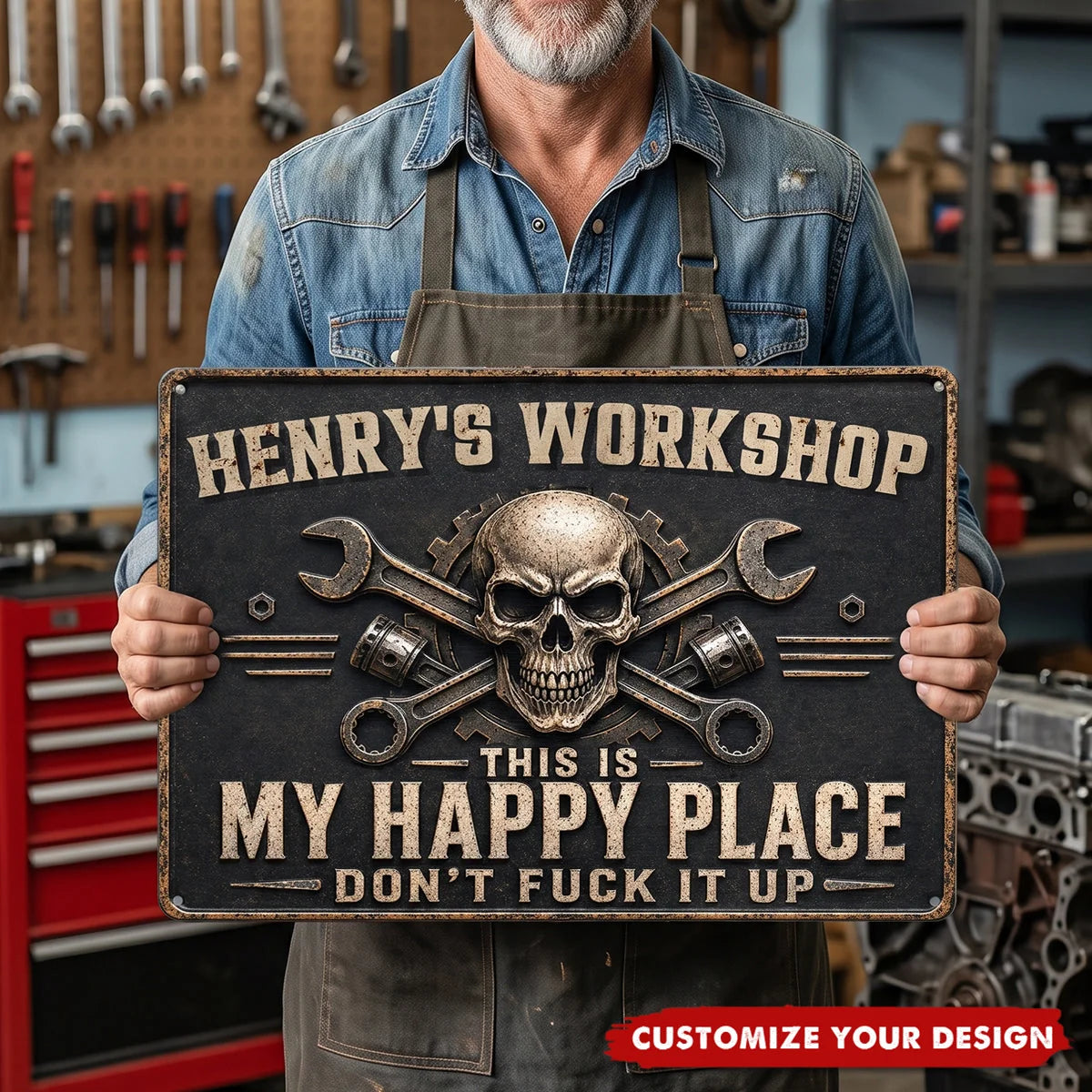 "This Is My Happy Place" Personalized Garage Metal Sign - Custom Workshop Decor Gift