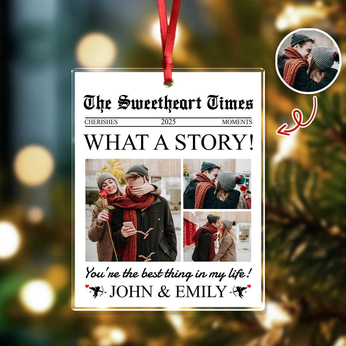 "The Sweetheart Times" Personalized Acrylic Ornament - Custom Couple Photo Christmas Keepsake