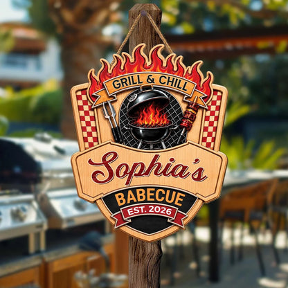 Grill and Chill Personalized Wood Sign - Custom BBQ Barbecue Sign Gift