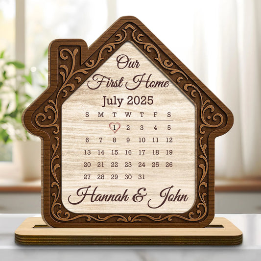 Custom Our First Home Calendar Plaque for Couples with personalized design details for meaningful gifting